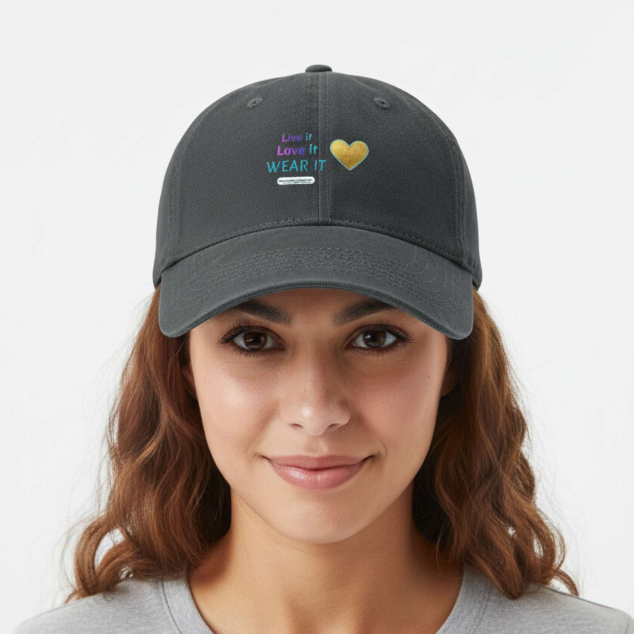 Woman wearing Live it Love it WEAR IT cap - design focused