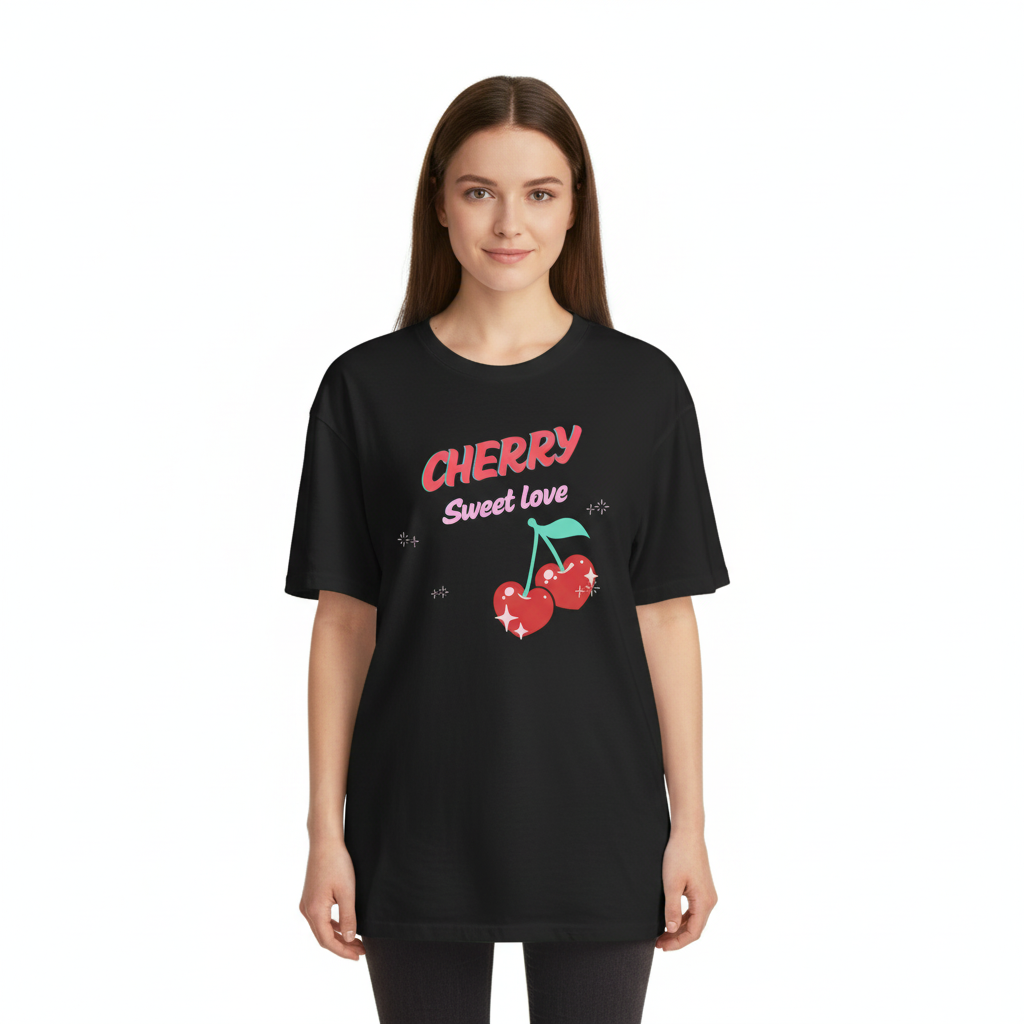 Woman wearing loose fit Cherry Sweet Love t-shirt