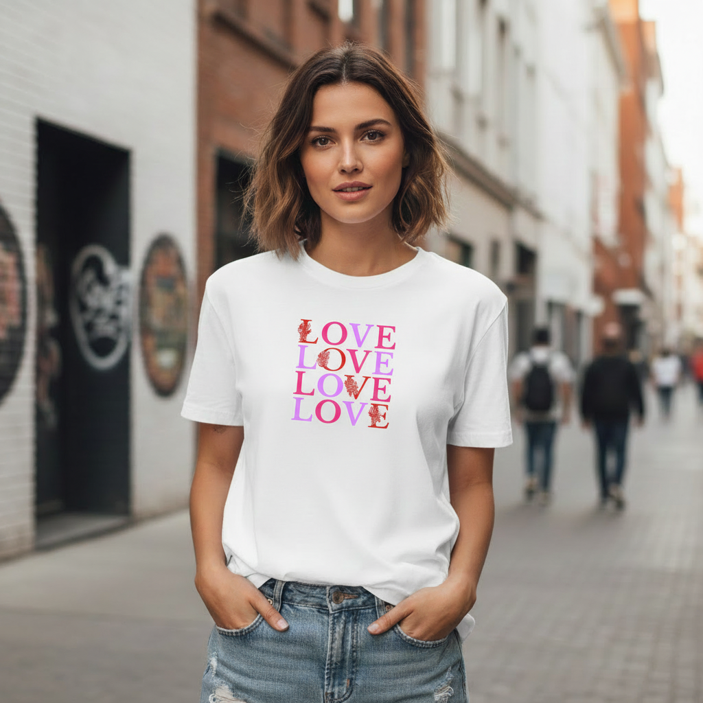 Woman wearing LOVE design scaled down on white oversized tee