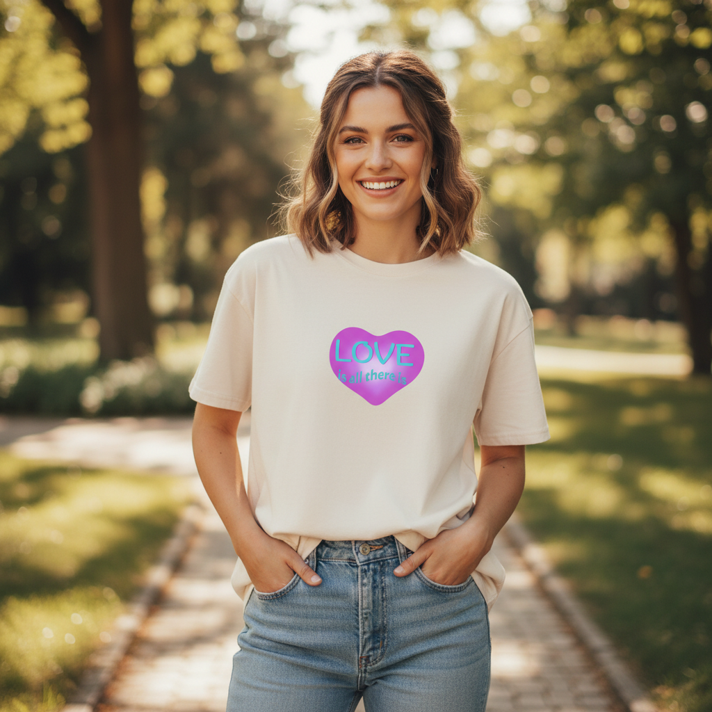 Woman wearing LOVE is all there is heart design noticeably smaller
