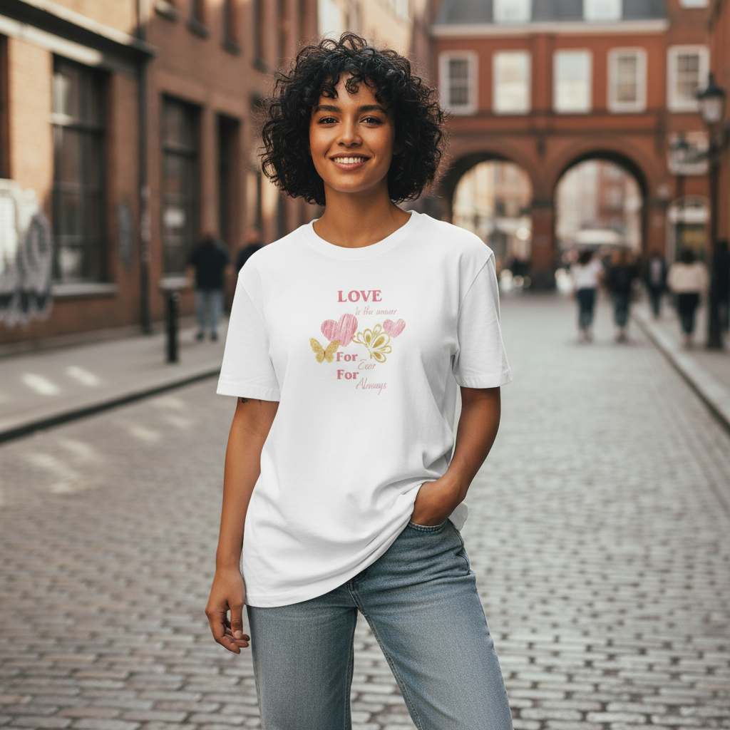 Woman wearing Love is the answer design scaled up 10% total