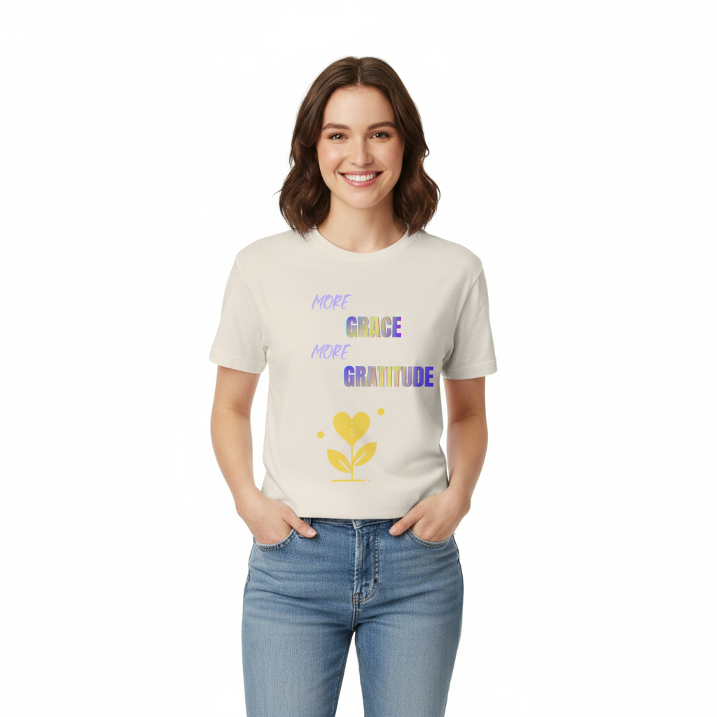 Woman wearing More Grace More Gratitude t-shirt cropped from knees up