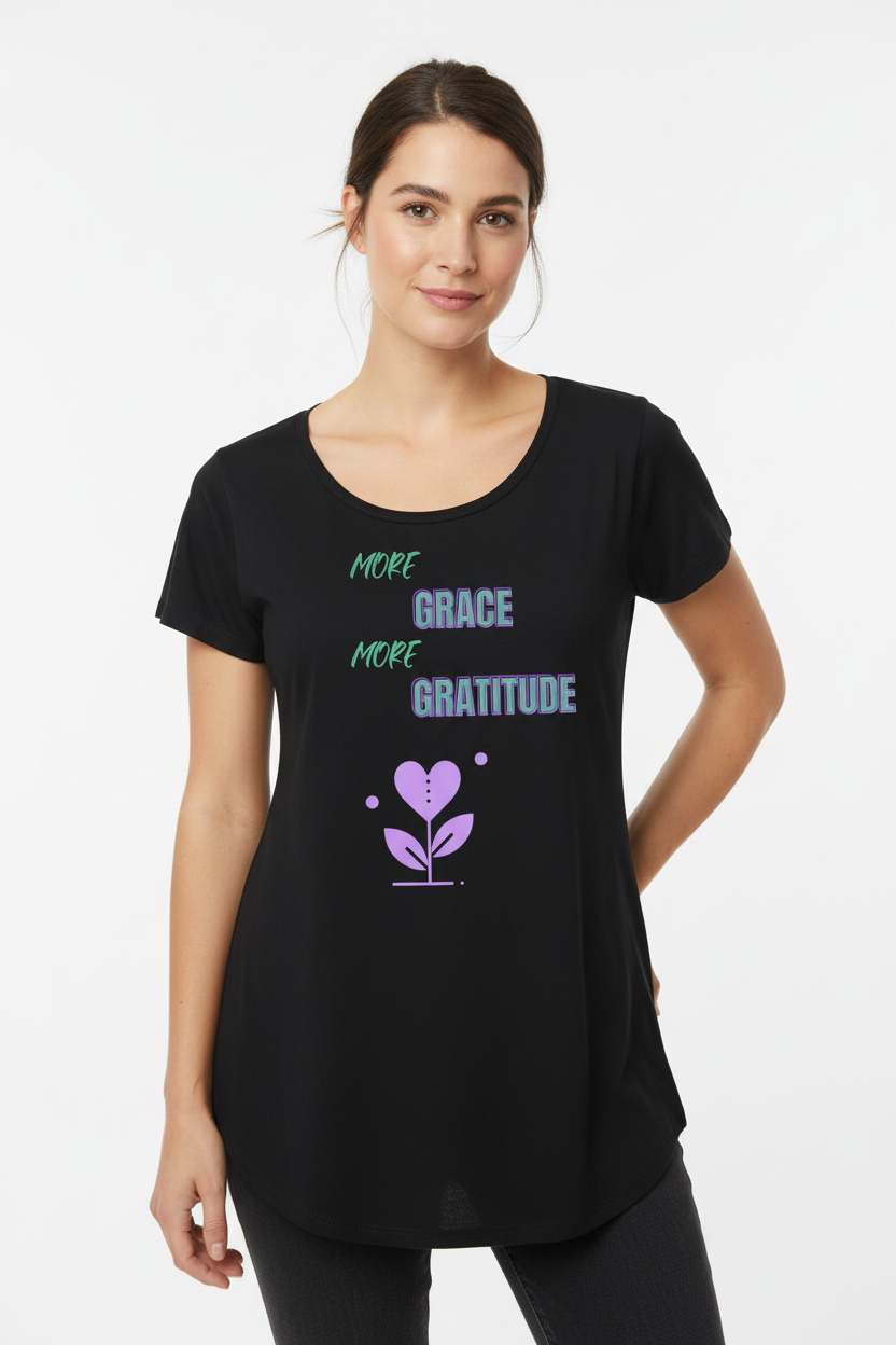Woman wearing More Grace More Gratitude t-shirt on white background