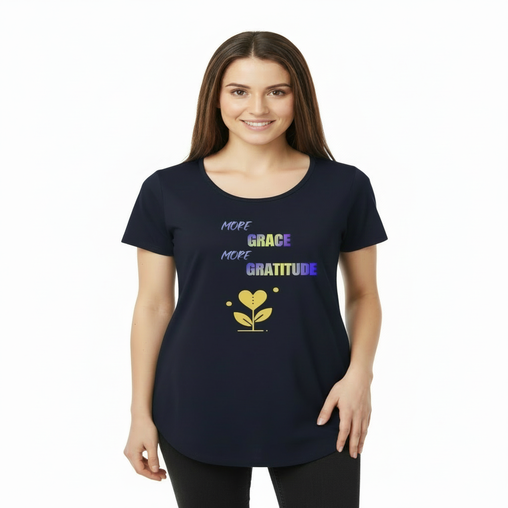 Woman wearing More Grace More Gratitude t-shirt - relaxed and natural