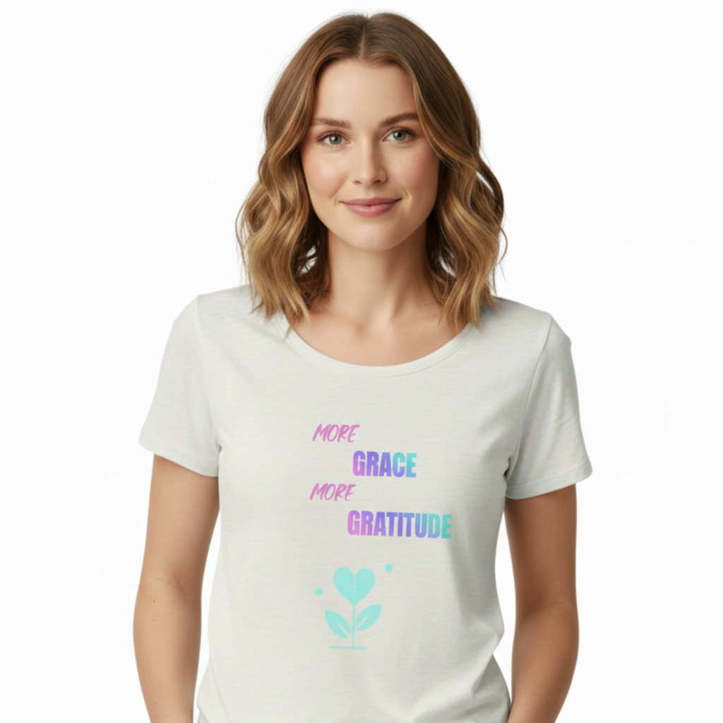 Woman wearing More Grace More Gratitude t-shirt