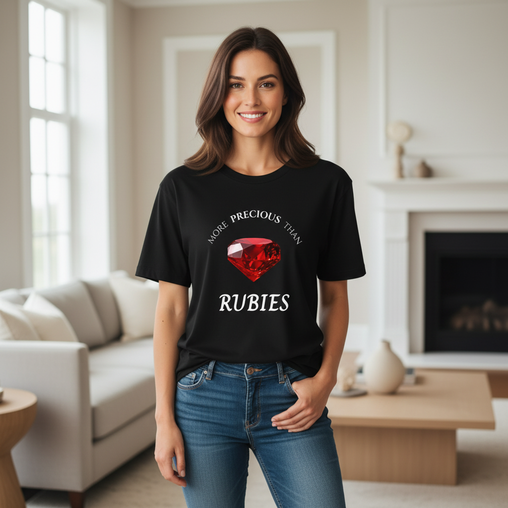 Woman wearing More Precious than Rubies boyfriend-style t-shirt