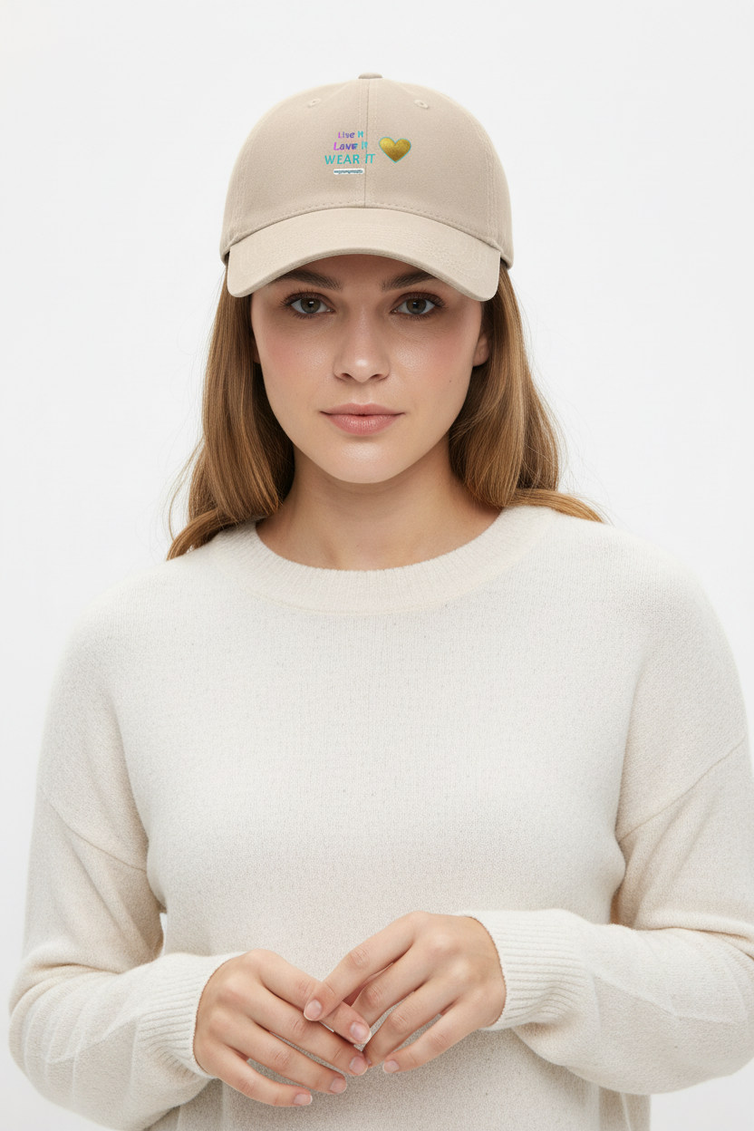 Woman wearing natural beige Live it Love it WEAR IT cap