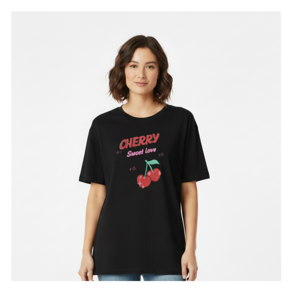 Woman wearing oversized boyfriend black tee with headroom