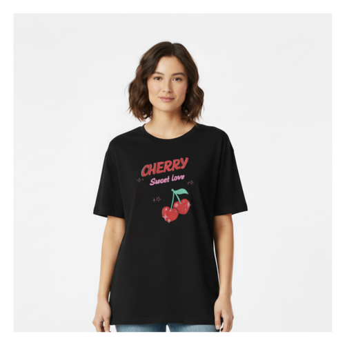 Woman wearing oversized boyfriend black tee with headroom