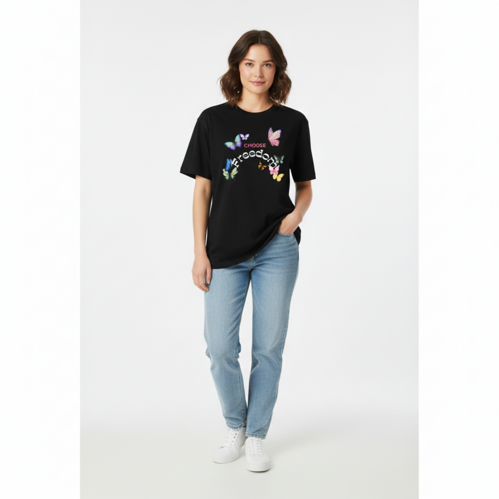 Woman wearing oversized Choose Freedom tee