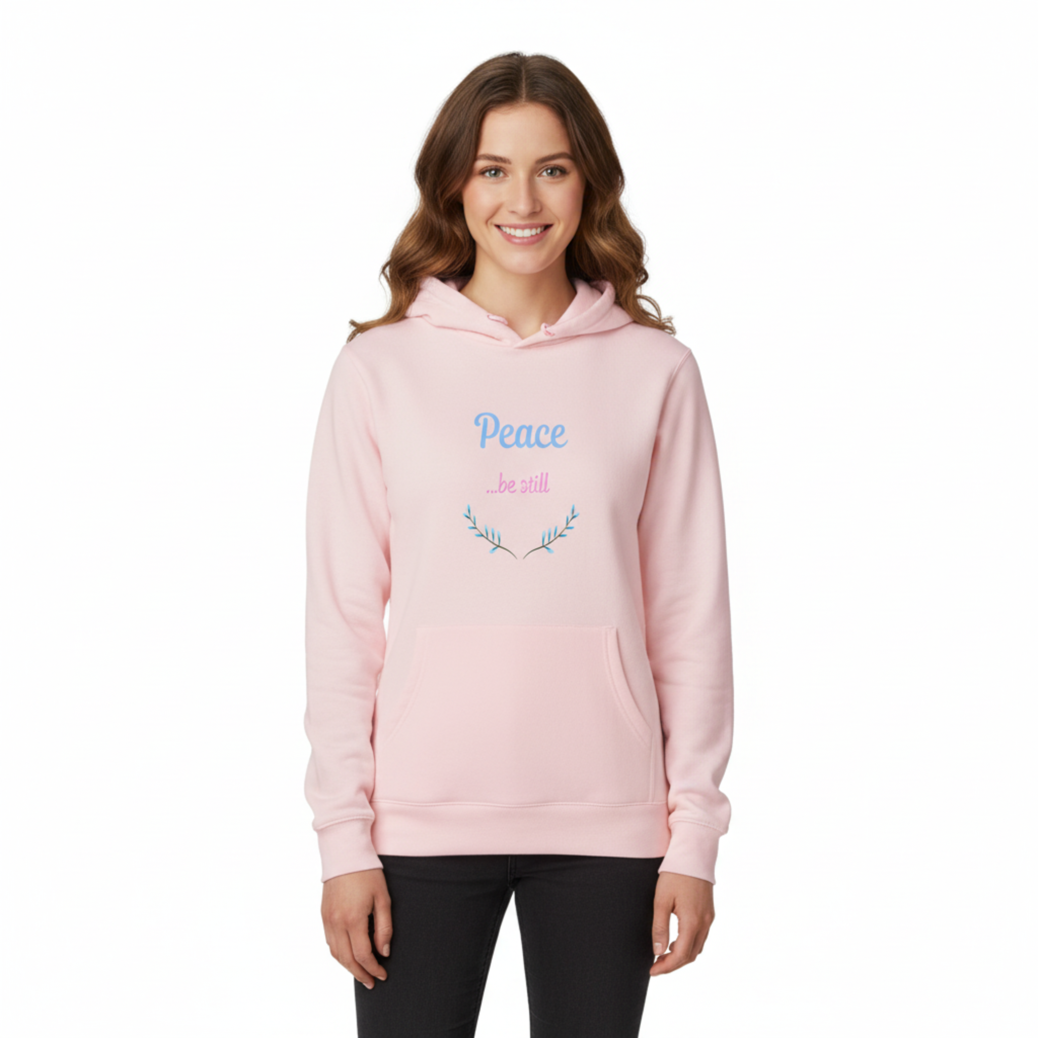 Woman wearing Peace Be Still hoodie - front view