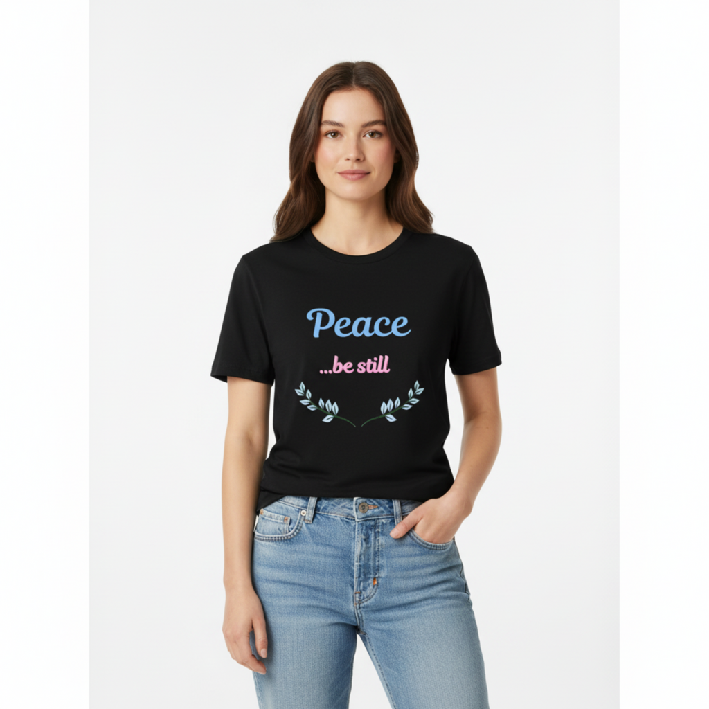 Woman wearing Peace be still t-shirt mockup