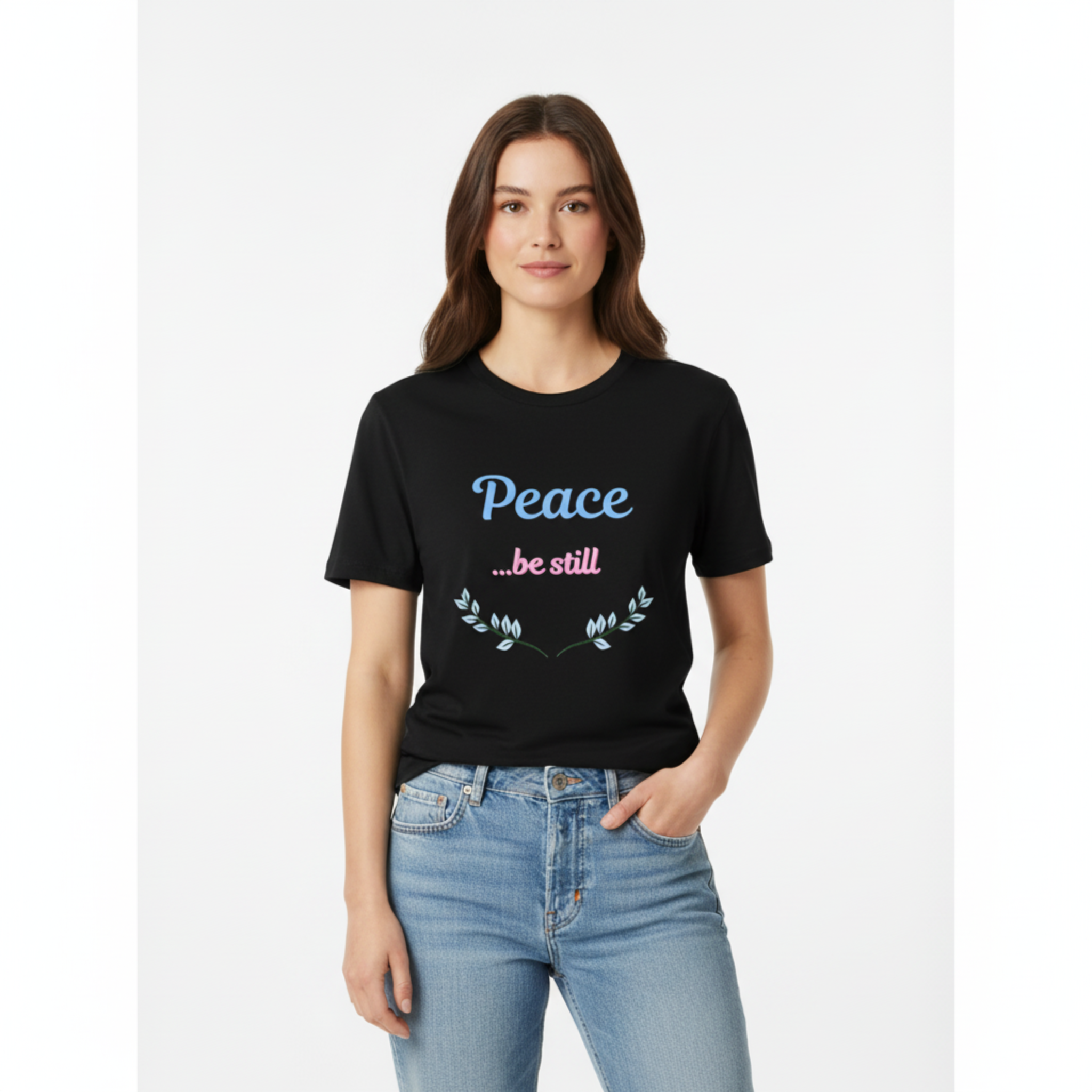Woman wearing Peace be still t-shirt mockup