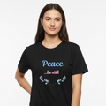 Woman wearing Peace be still tee - design focused