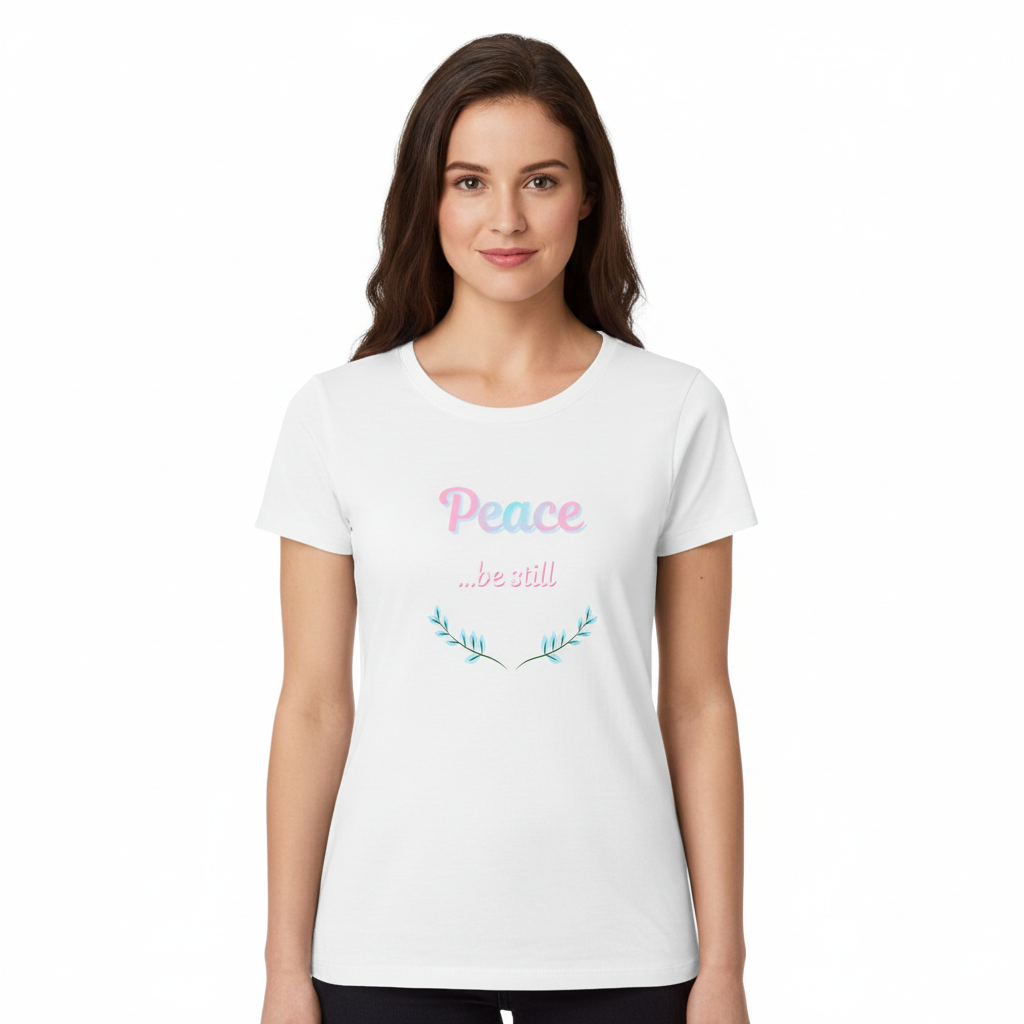 Woman wearing Peace be still tee mockup