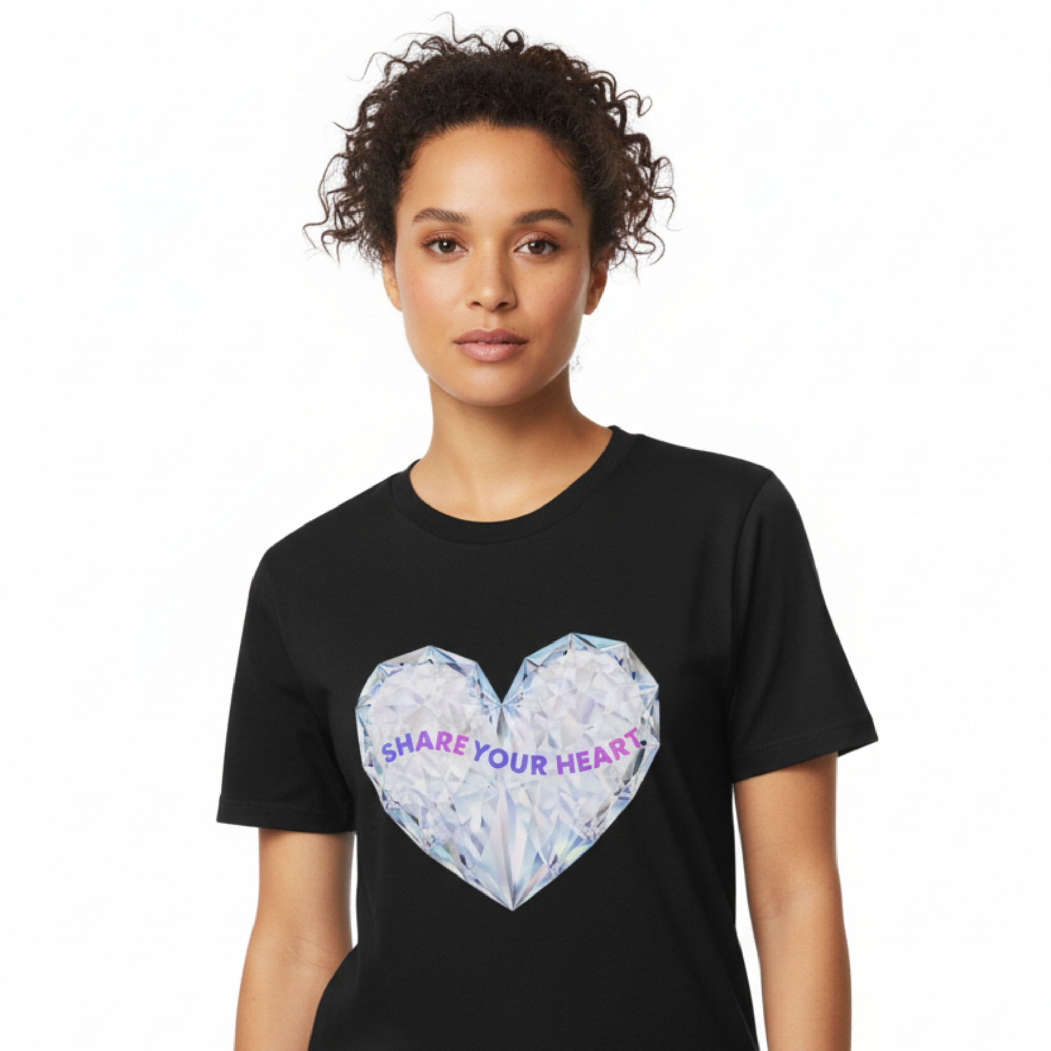 Woman wearing Share Your Heart t-shirt mockup