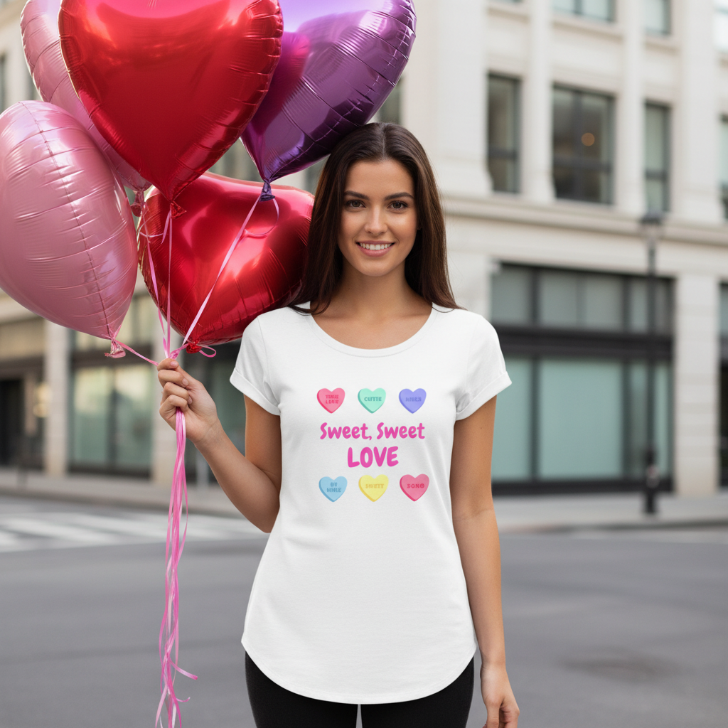 Woman wearing shorter fitted Sweet Sweet LOVE t-shirt with heart balloons