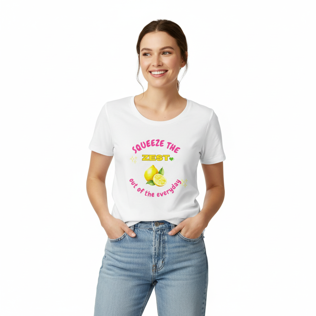 Woman wearing Squeeze the Zest tee