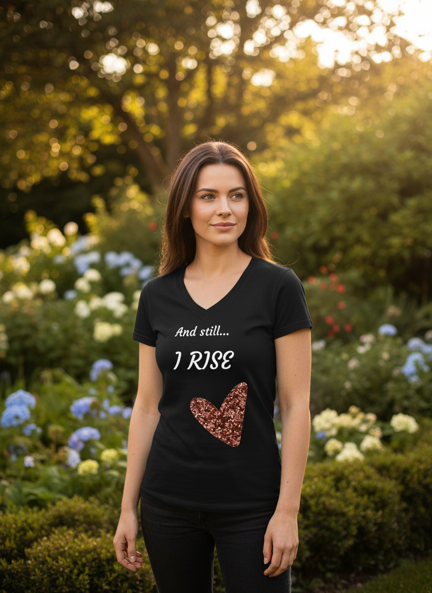 Woman wearing Still I Rise v-neck in natural setting