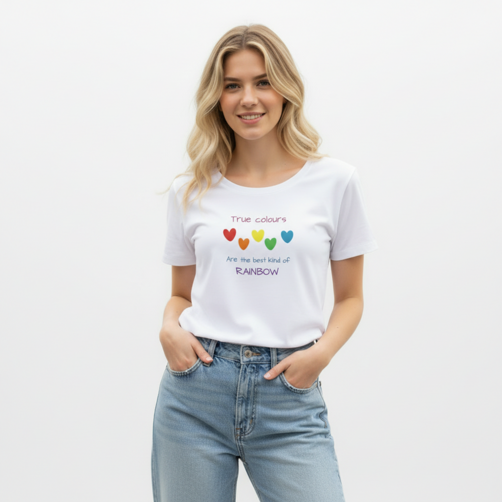 Woman wearing True colours t-shirt with denim jeans on white background