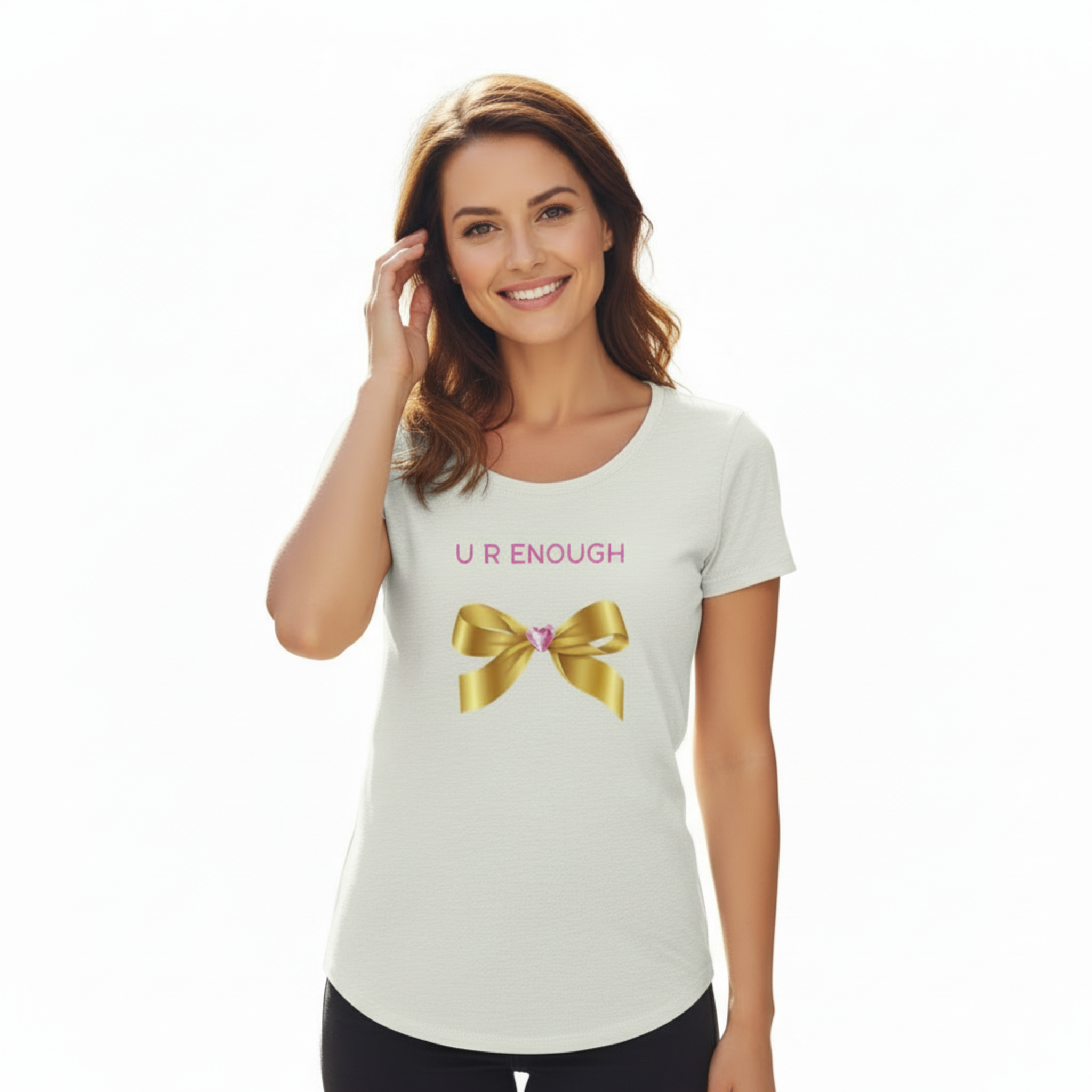 Woman wearing U R ENOUGH t-shirt - relaxed pose