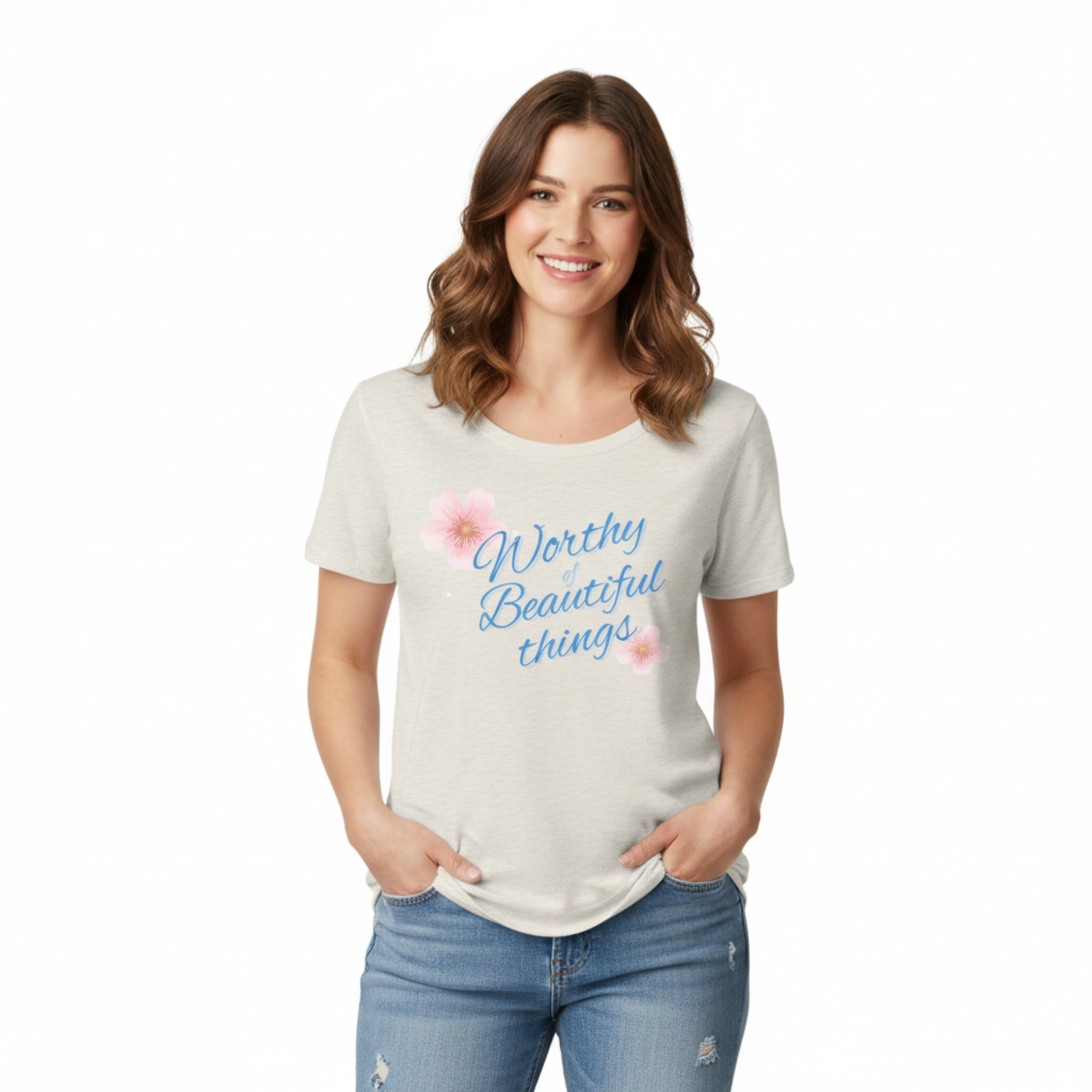 Woman wearing Worthy Beautiful things t-shirt on white background