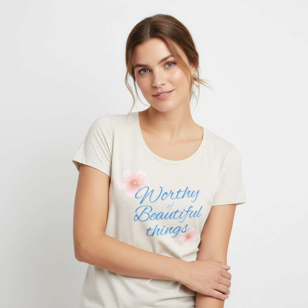 Woman wearing Worthy Beautiful things tee