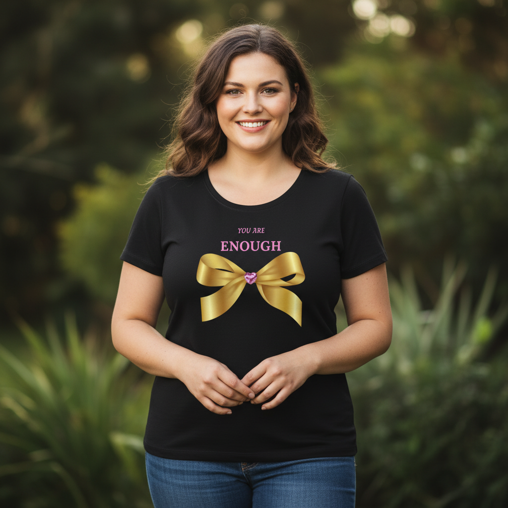 Woman with fuller body type wearing You Are Enough t-shirt