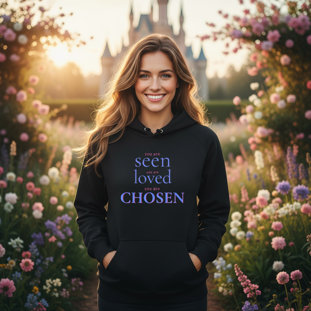 You Are Seen Loved Chosen — Black Hoodie Lifestyle Mockup