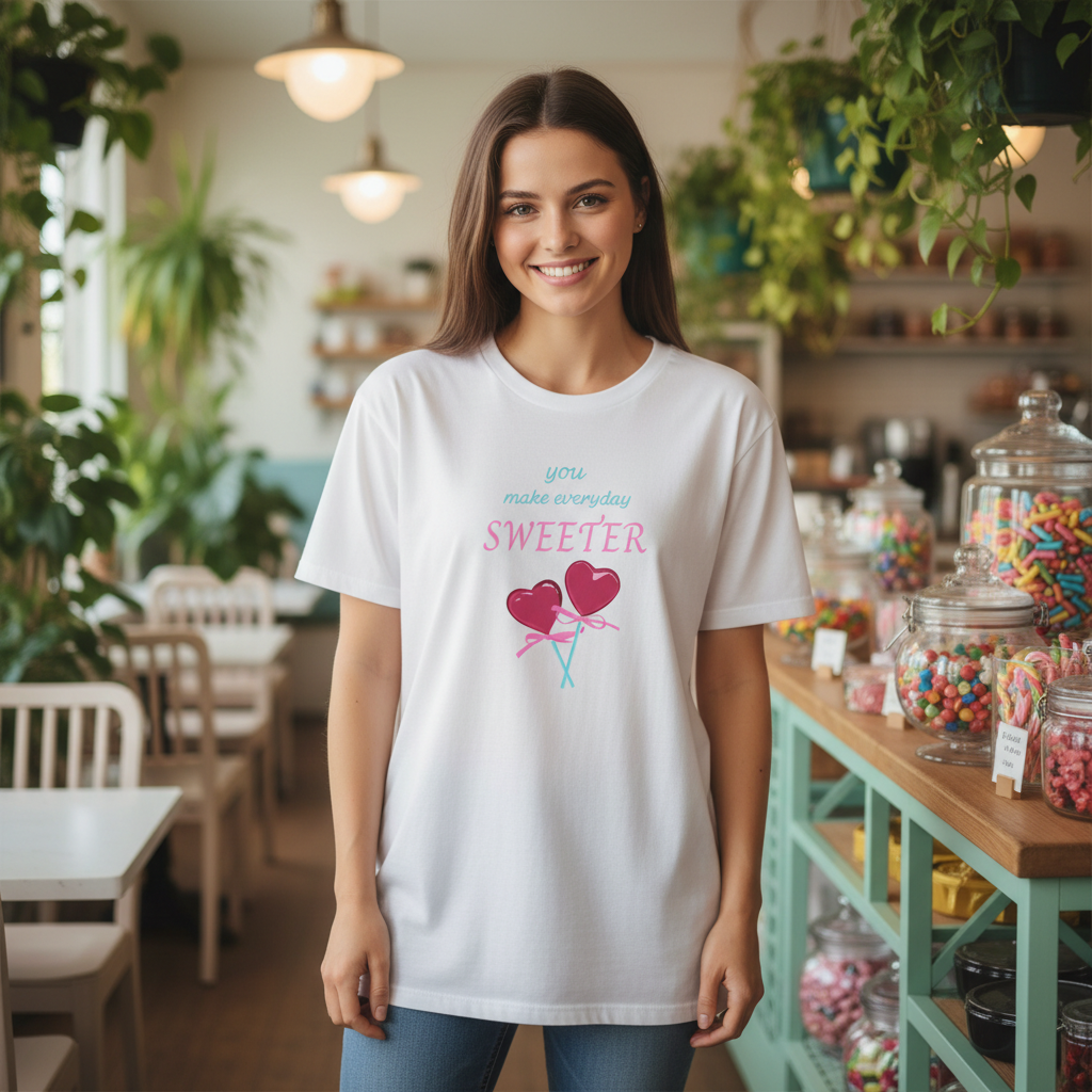 You Make Everyday Sweeter White Tee Light Cafe Greenery Mockup