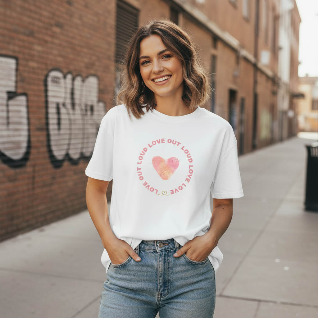 Zoomed in view of woman wearing LOVE OUT LOUD design in urban setting